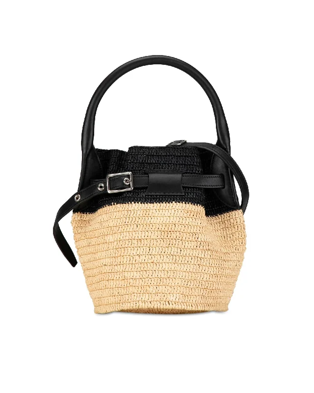 Plus - size bucket bag with a spacious interior for carrying daily essentialsWoven Raffia Bucket Bag with Leather Trim and Rolled Handle