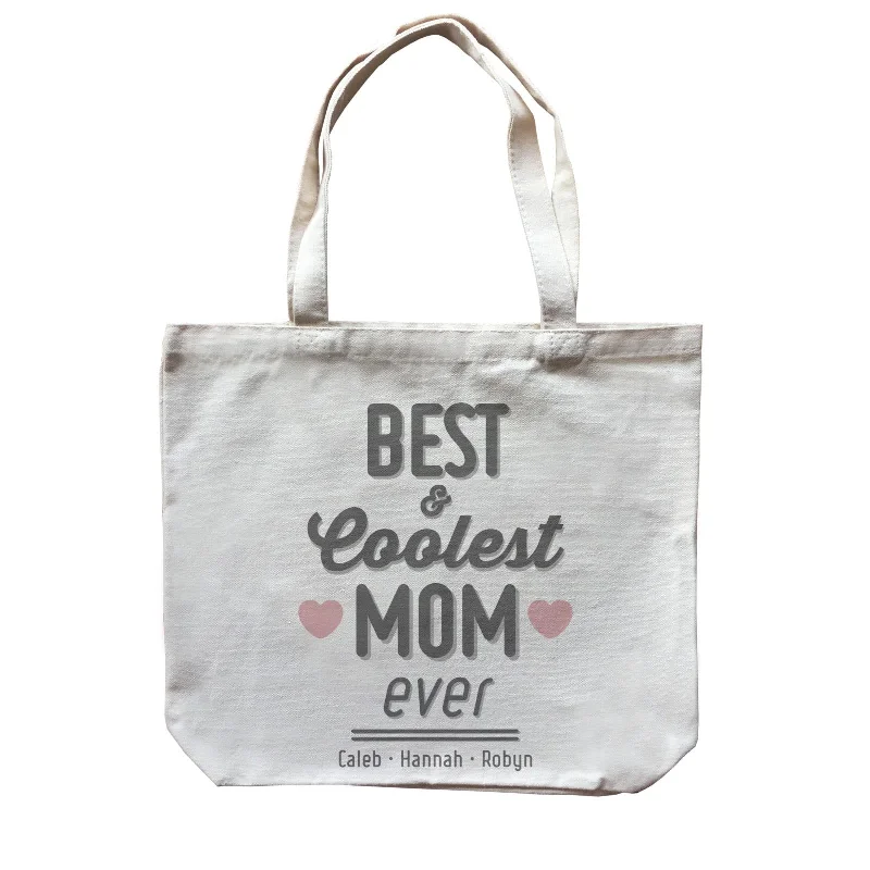 Canvas lunch bag with an insulated interior and a zippered closureBest and Coolest Mom Ever Personalizable with Text Canvas Bag