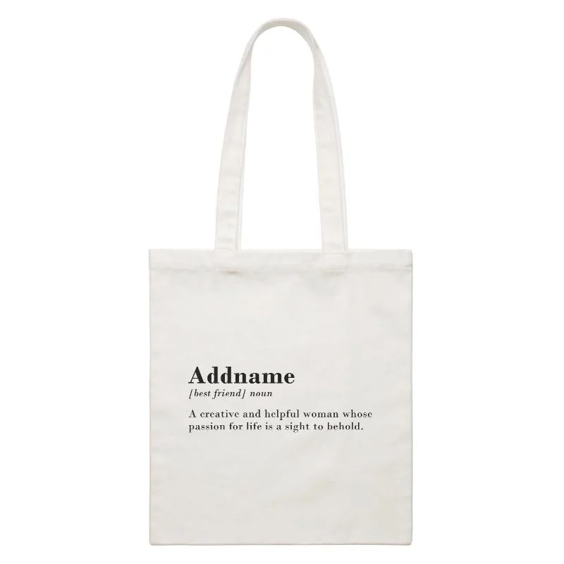 Canvas picnic bag with a set of plates and utensils includedBest Friends Quotes Addname Best Friend Noun A Creative And Helpful Woman White Canvas Bag