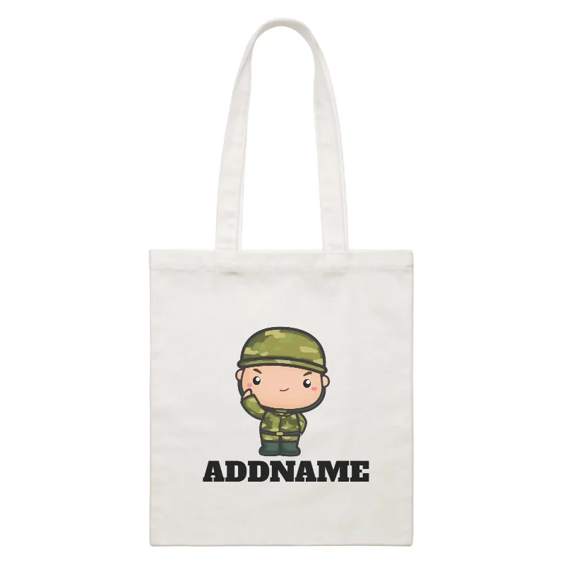 Canvas waist bag with a quick - release buckle and a compact sizeBirthday Battle Theme Army Soldier Boy Addname White Canvas Bag