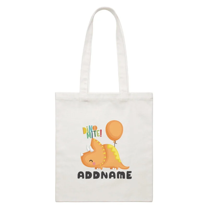 Canvas diaper bag with a changing pad and multiple pockets for baby essentialsBirthday Dinosaur Happy Orange Triceratop DinoMite Ties With Balloon Addname White Canvas Bag