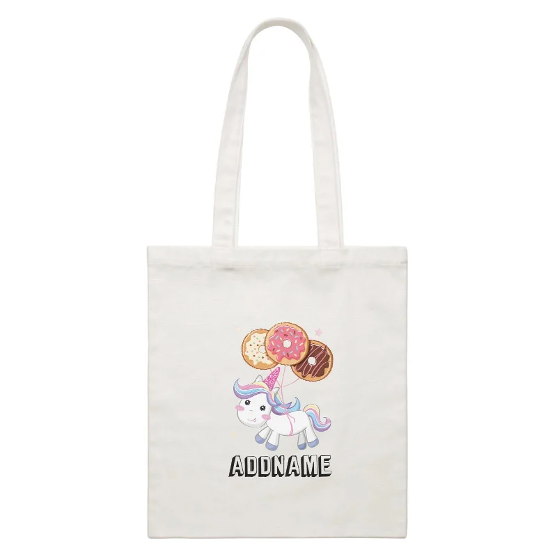 Canvas lunch bag with an insulated interior and a zippered closureBirthday Unicorn Flying Donuts Balloon In Air Addname White Canvas Bag