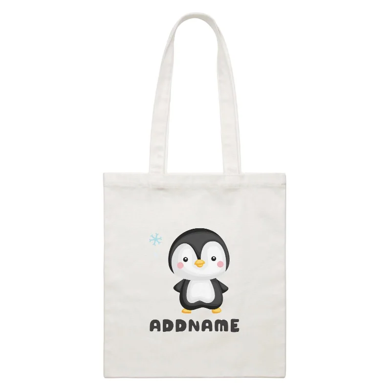 Canvas handbag with a tassel detail and a magnetic snap closureBirthday Winter Animals Small Penguin Addname White Canvas Bag