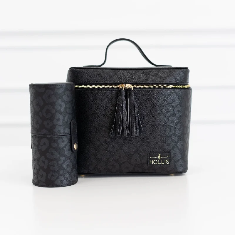 Women's leather makeup bag with a hand-stitched border and gold zippersBlack Leopard Lux