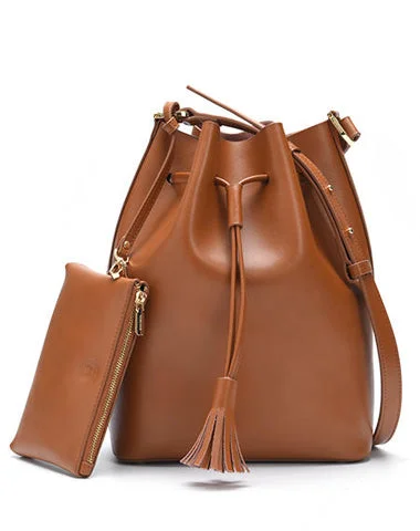 Crossbody bag with multiple compartments and pockets for organizationBrown Genuine Leather bucket bag shoulder bag for women leather Barrel crossbody bag