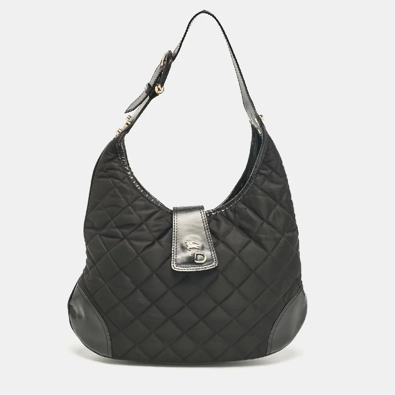 Quilted hobo bag with a diamond pattern for a classic aestheticBurberry Black Quilted Nylon Brooke Hobo