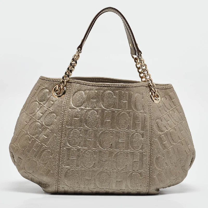 Cross - body hobo bag with an adjustable strap for hands - free carryingCarolina Herrera Grey Monogram Embossed Leather Chain Hobo