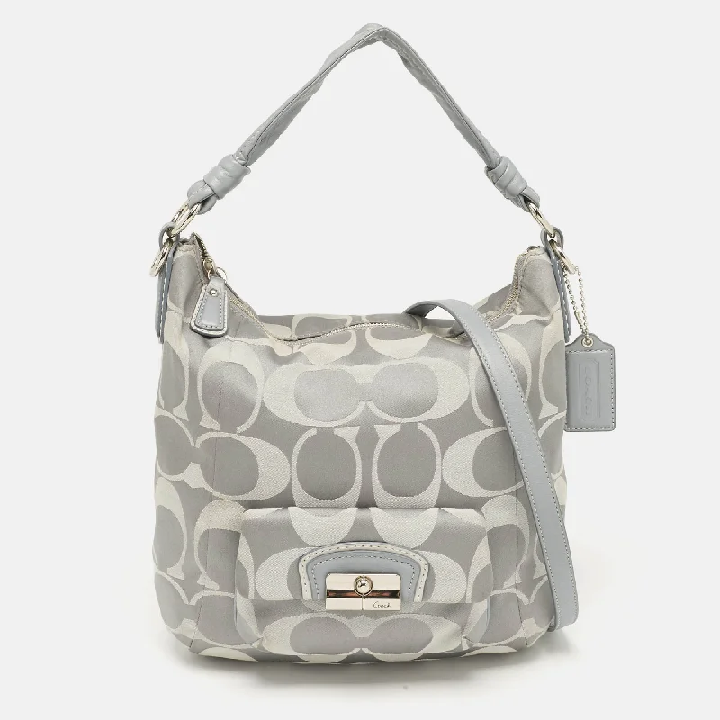 Vegan leather hobo bag for eco - conscious consumersCoach Grey Signature Fabric And Leather Kristin Hobo