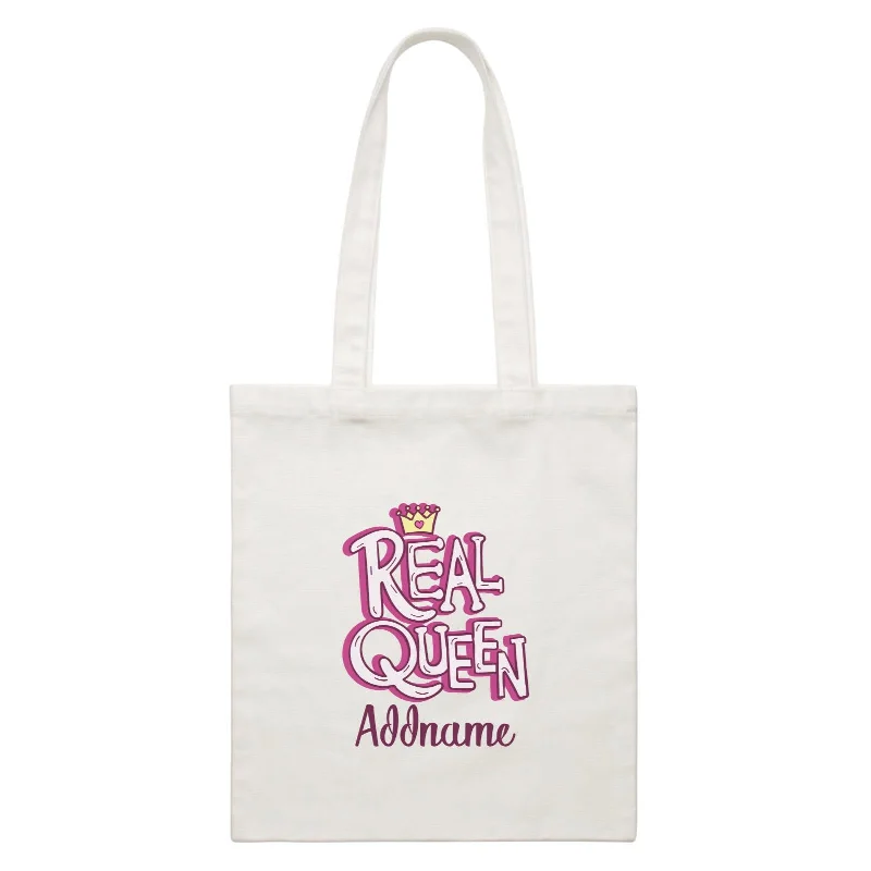 Canvas handbag with a tassel detail and a magnetic snap closureCool Cute Words Real Queen Addname White Canvas Bag