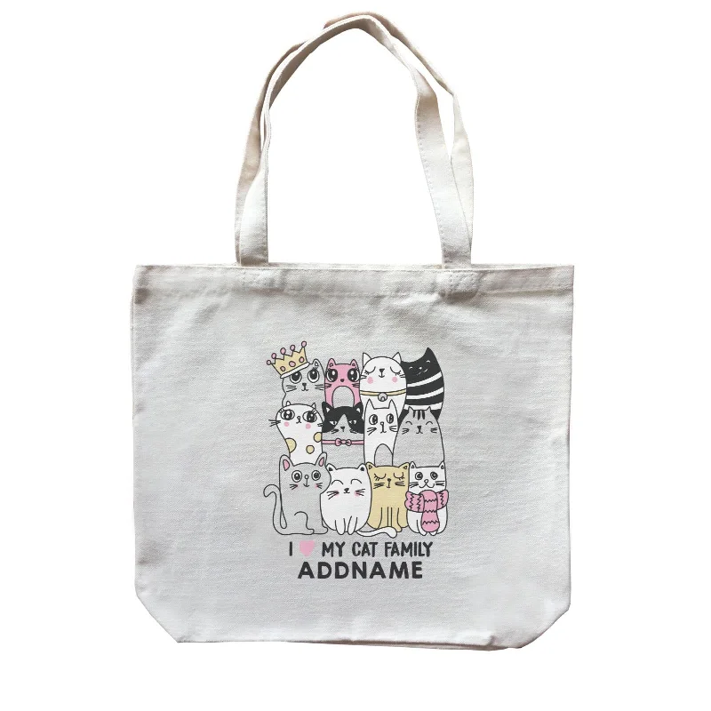 Canvas beach bag with a colorful stripe design and a waterproof liningCool Vibrant Series I Love My Cat Family Addname Canvas Bag