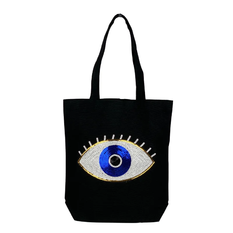 Canvas camera bag with a padded interior and adjustable dividersCanvas Sequin Blue Eye Tote Bag