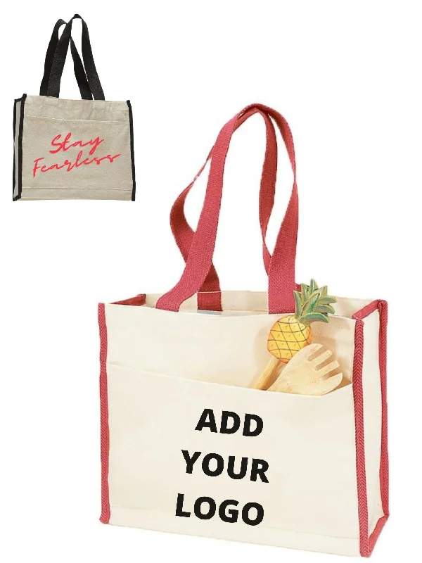 Canvas picnic bag with a set of plates and utensils includedCustom Heavy Canvas Tote Bag With Colored Trim