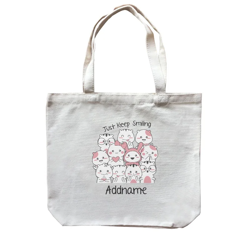 Canvas shopping bag with a reinforced bottom and a long handleCute Animals And Friends Series Cute Hamster Just Keep Smiling Addname Canvas Bag