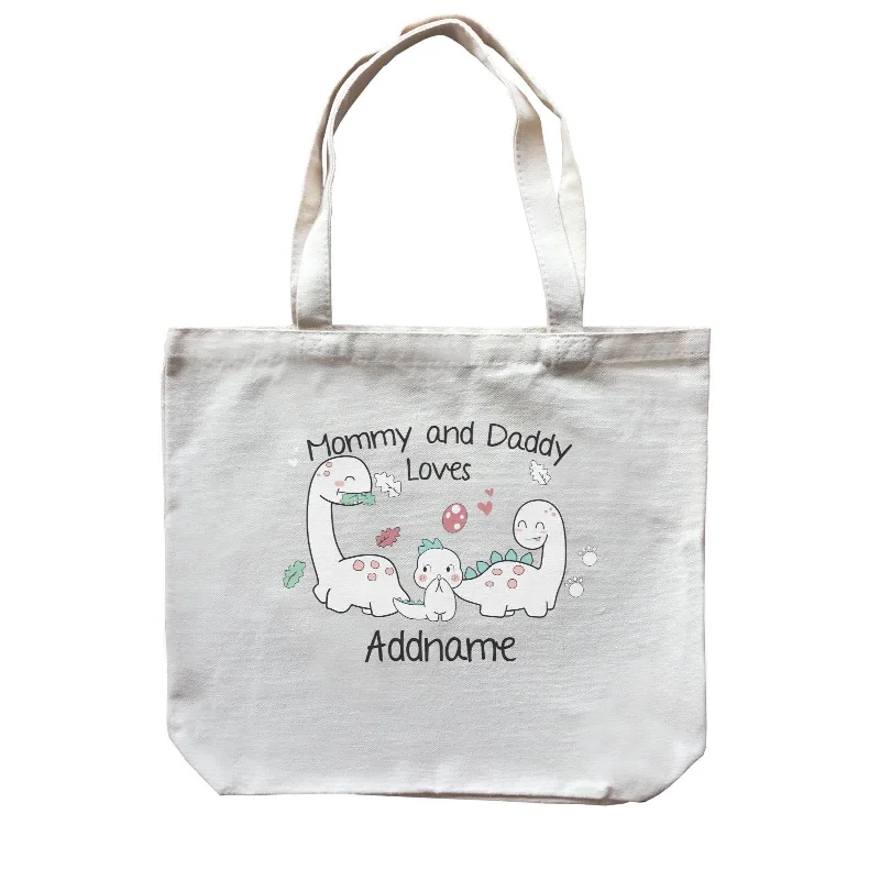 Canvas laundry bag with a drawstring top and a large openingCute Animals And Friends Series Cute Little Dinosaur Mommy And Daddy Loves Addname Canvas Bag