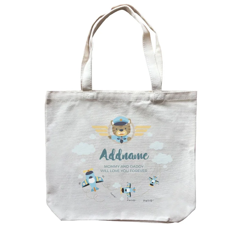 Canvas lunch bag with an insulated interior and a zippered closureCute Bear Pilot and Blue Planes Flying Personalizable with Name and Text Canvas Bag