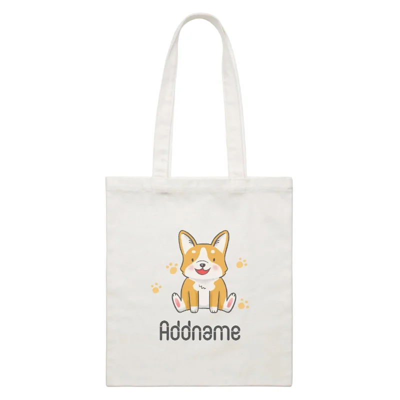 Canvas diaper bag with a changing pad and multiple pockets for baby essentialsCute Hand Drawn Style Corgi Addname White Canvas Bag