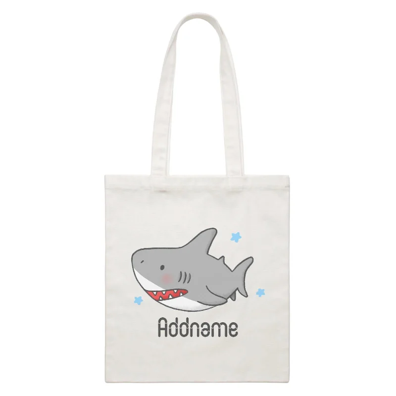 Women's canvas tote bag with a large floral print and leather handlesCute Hand Drawn Style Shark Addname White Canvas Bag