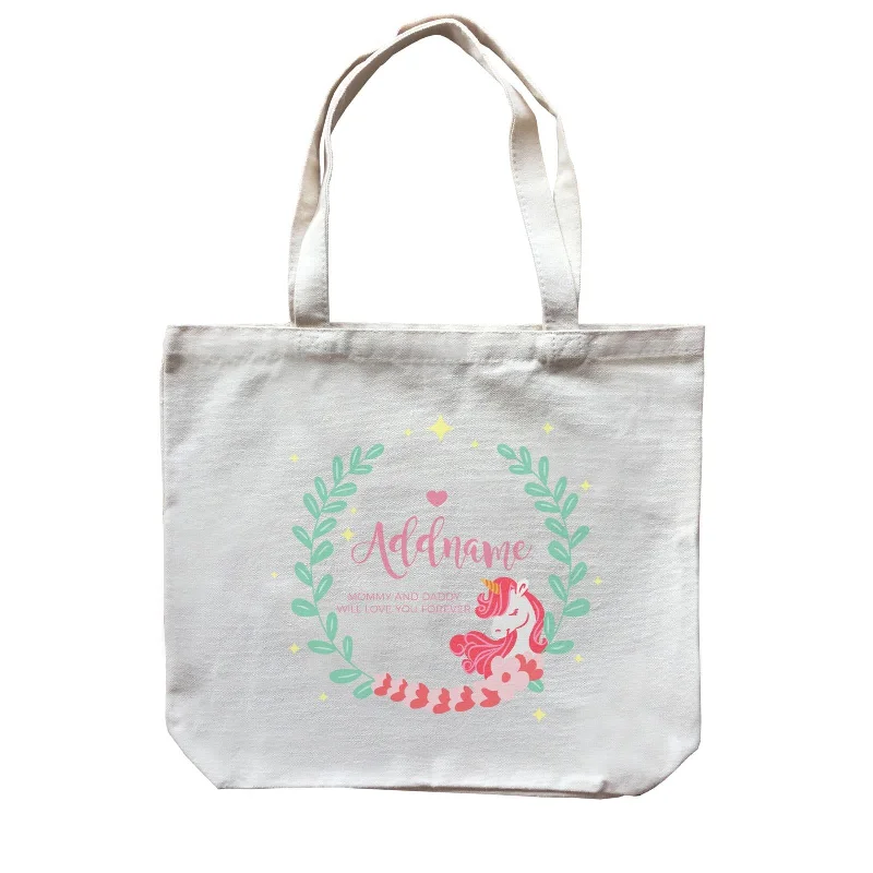 Women's canvas tote bag with a large floral print and leather handlesCute Pink Unicorn with Pastel Green Leaves Wreath Personalizable with Name and Text Canvas Bag