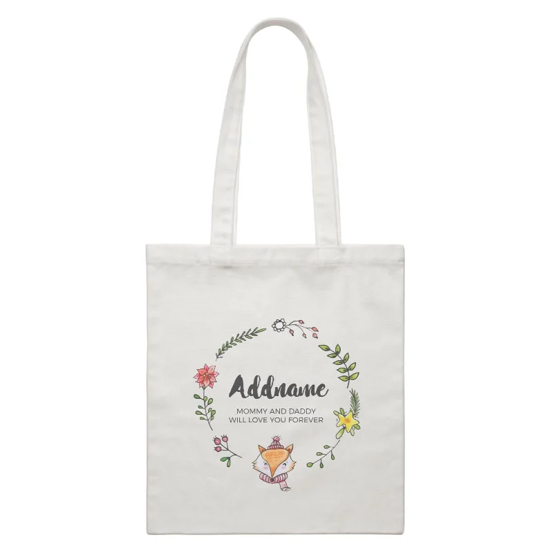 Canvas picnic bag with a set of plates and utensils includedDoodle Green Wreath with Cute Fox Personalizable with Name and Text White Canvas Bag