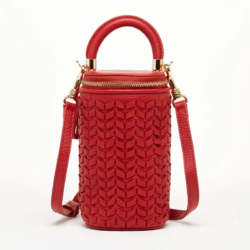 Laser - cut leather bucket bag with an intricate patternElsa Small Leather Crossbody Bag Red