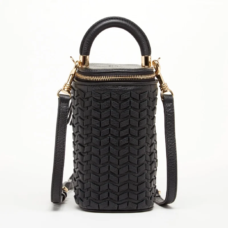 Vintage - style bucket bag with a brass clasp and leather strapsElsa Small Leather Weave Bucket Bag Black