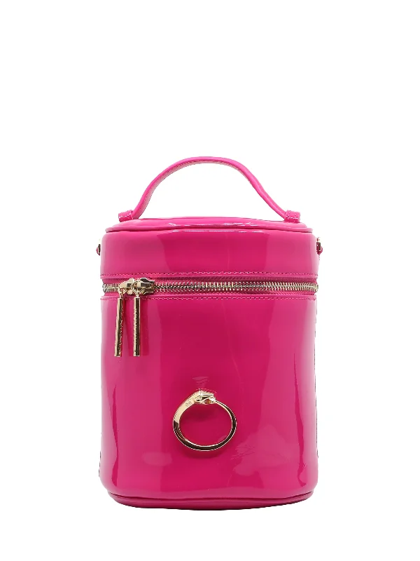 Bucket bag with multiple compartments and pockets for organizationFuchsia Gold-Toned Signature Bucket Bag 