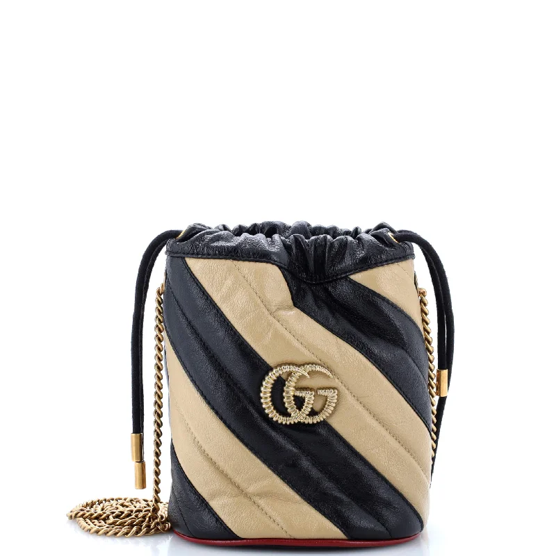 Laser - cut leather bucket bag with an intricate patternGG Marmont Bucket Bag Diagonal Quilted Leather Mini