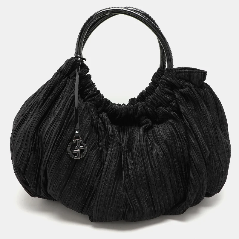 Vegan leather hobo bag for eco - conscious consumersGiorgio Armani Black Jacquard Fabric Pleated Hobo