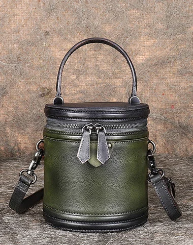 Vintage - style bucket bag with a brass clasp and leather strapsGreen Leather Womens Bucket Handbag Barrel Shoulder Bag Crossbody Purse for Ladies