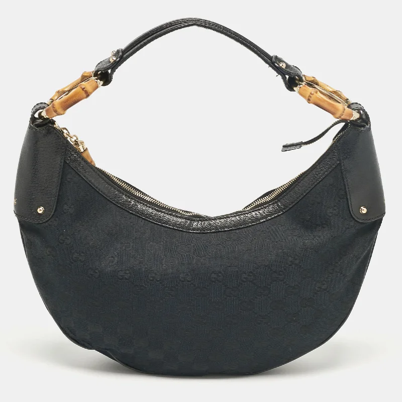 Vegan leather hobo bag for eco - conscious consumersGucci Black Gg Canvas And Leather Bamboo Ring Hobo