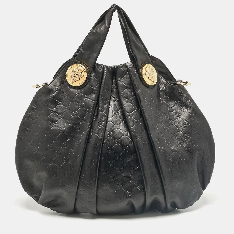 Lightweight nylon hobo bag with a waterproof coating for outdoor useGucci Black Guccissima Leather Large Hysteria Hobo