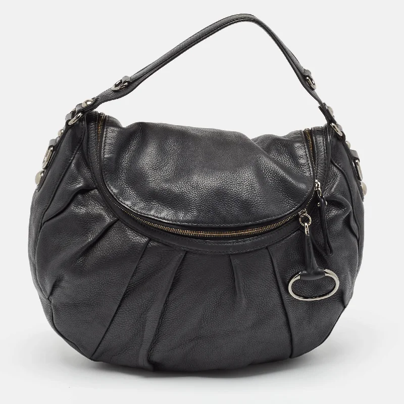 Leatherette hobo bag with a quilted pattern for a sophisticated touchGucci Black Leather Icon Bit Hobo