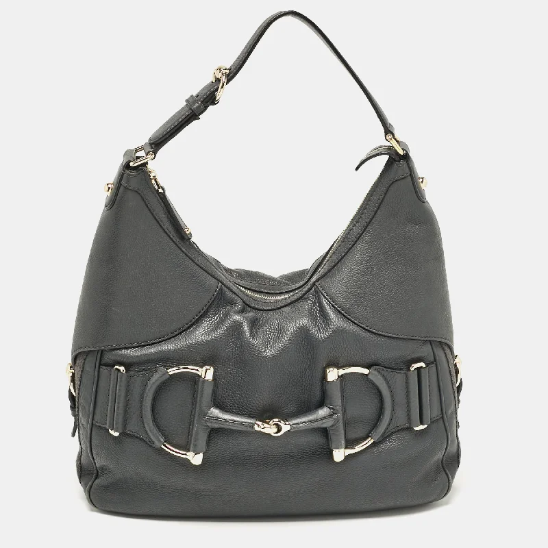 Embroidered hobo bag with intricate beadwork for a unique appearanceGucci Dark Grey Leather Medium Web Horsebit Heritage Hobo