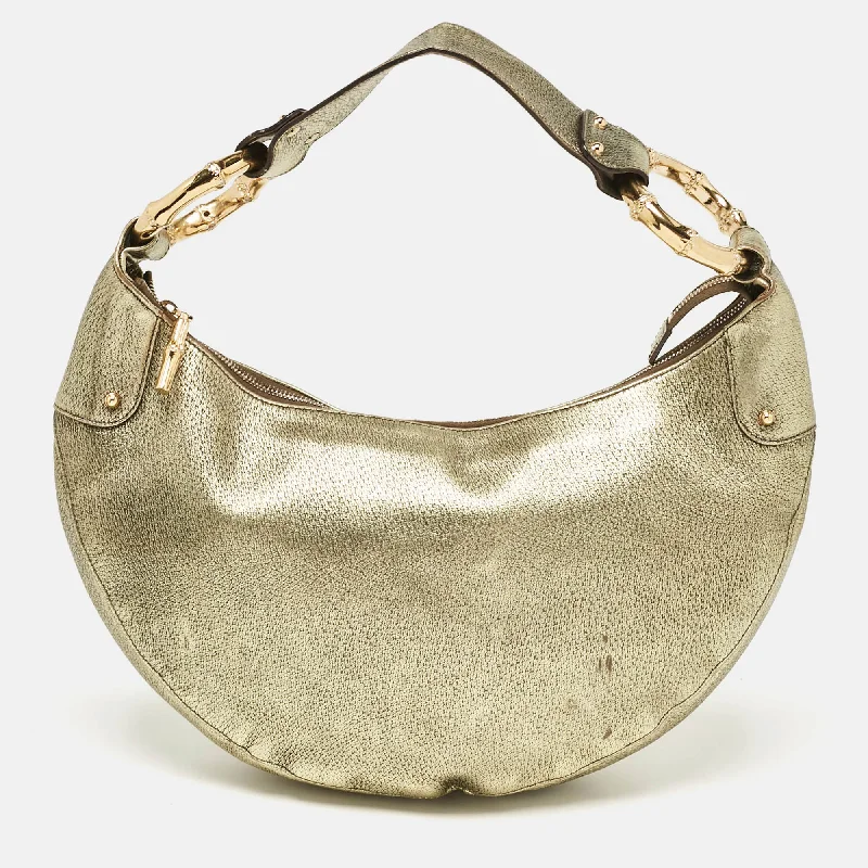 Silk hobo bag with a delicate print for a feminine lookGucci Gold Leather Bamboo Ring Hobo