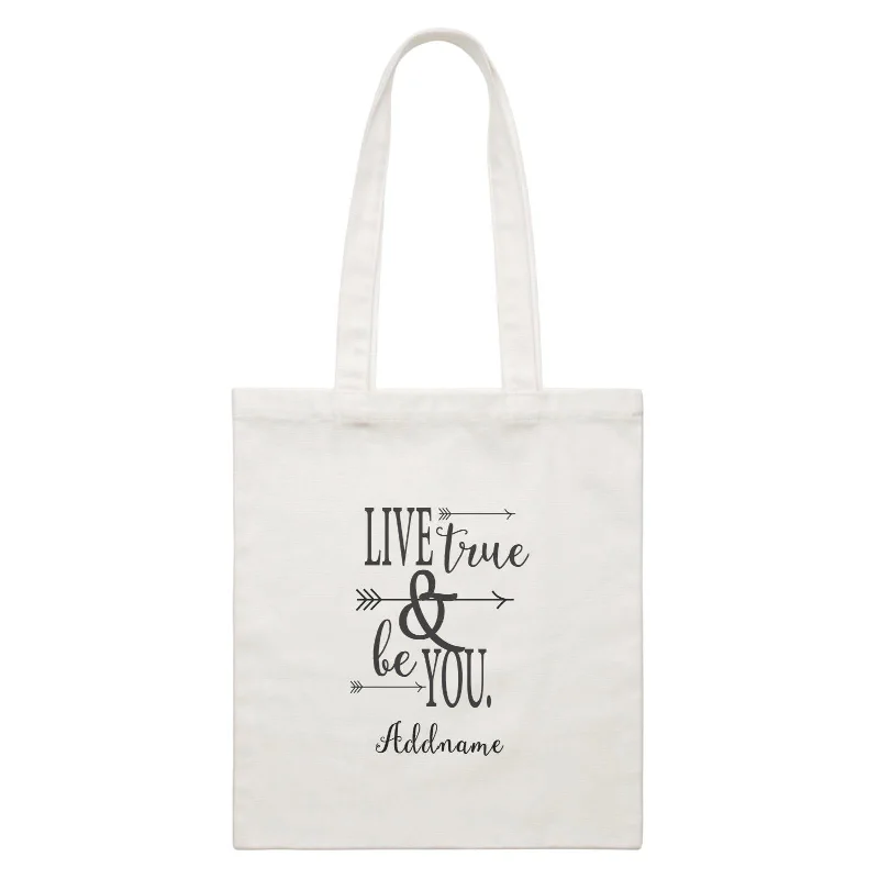 Canvas handbag with a tassel detail and a magnetic snap closureInspiration Quotes Live True And Be You Addname White Canvas Bag