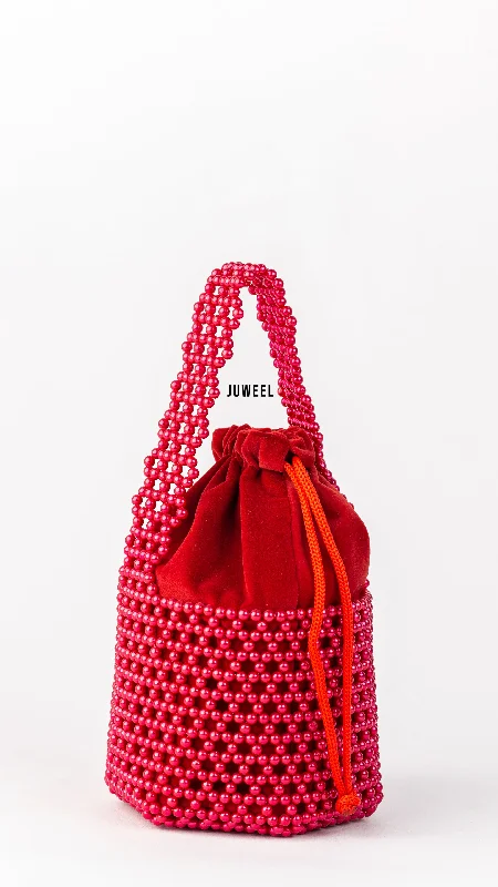 Bucket bag with multiple compartments and pockets for organizationLartaley Beaded Mini Bucket Bag - Red