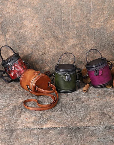 Laser - cut leather bucket bag with an intricate patternLeather Womens Bucket Handbag Barrel Shoulder Bag Crossbody Purse for Ladies