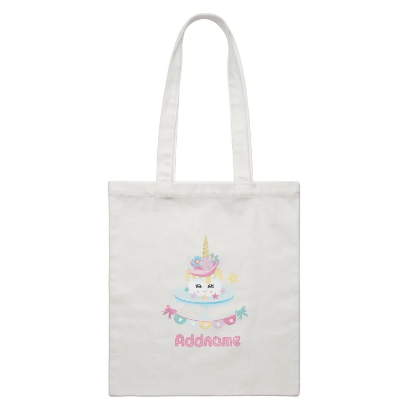 Canvas duffel bag with a drawstring closure and a large capacity for travelMagical Sweets Birthday Unicorn Cake with Banner Addname White Canvas Bag