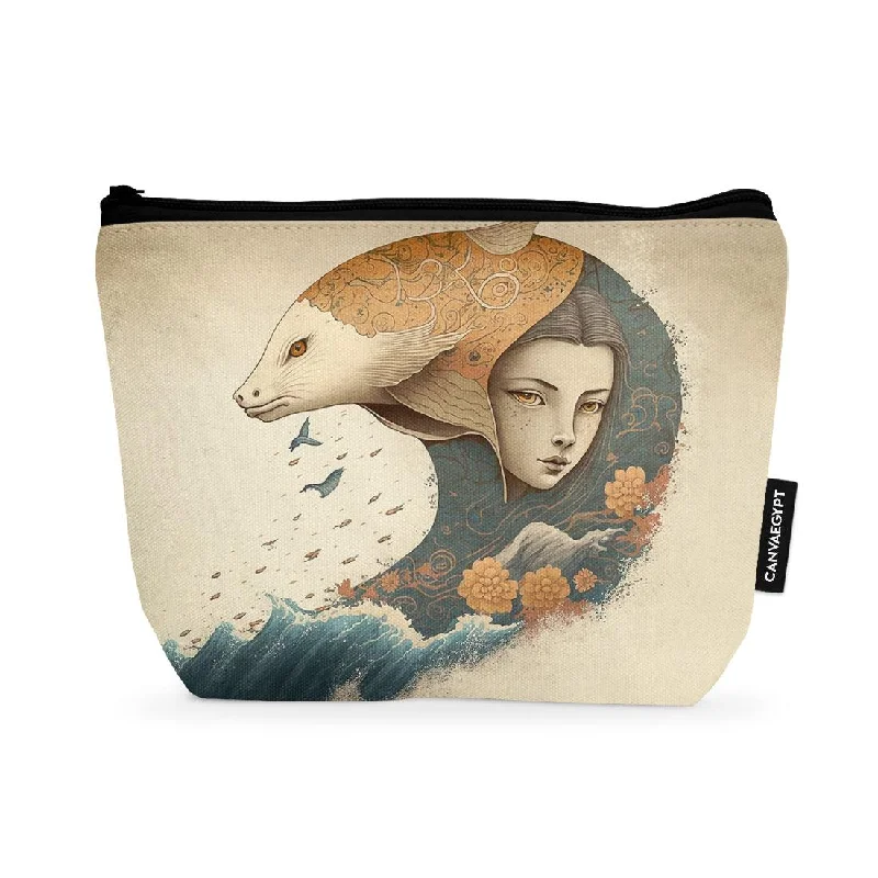 Laser-cut leather makeup bag with an intricate geometric patternMakeup Pouch Dolphin Art