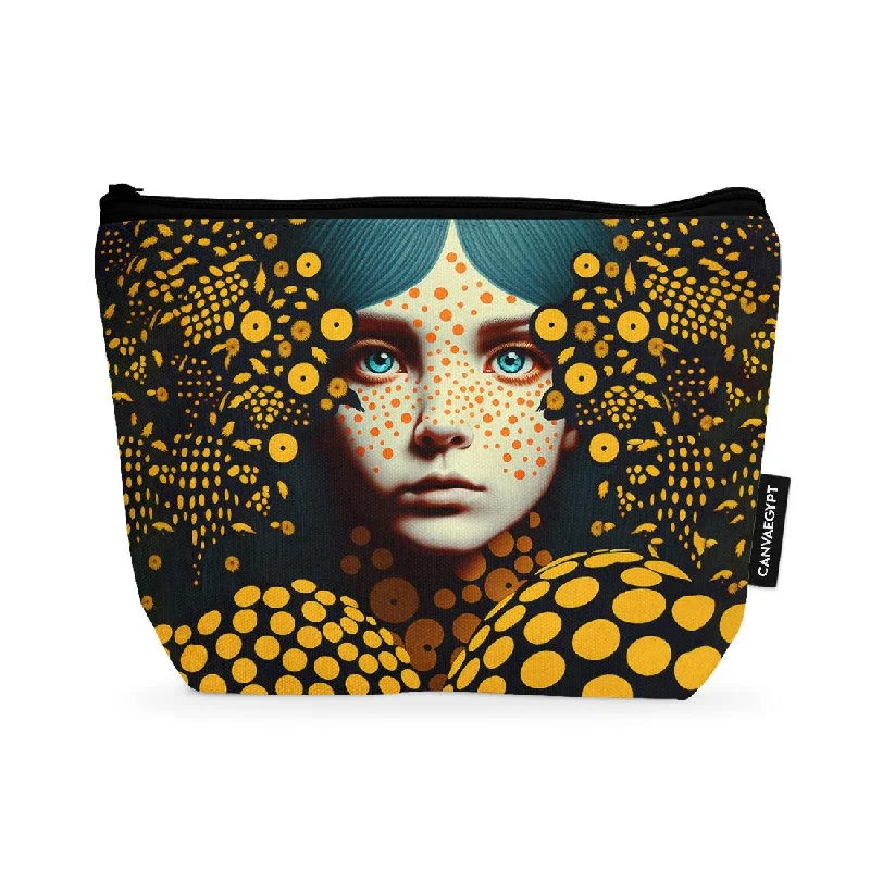 Women's leather makeup bag with a hand-stitched border and gold zippersMakeup Pouch Freckle Face