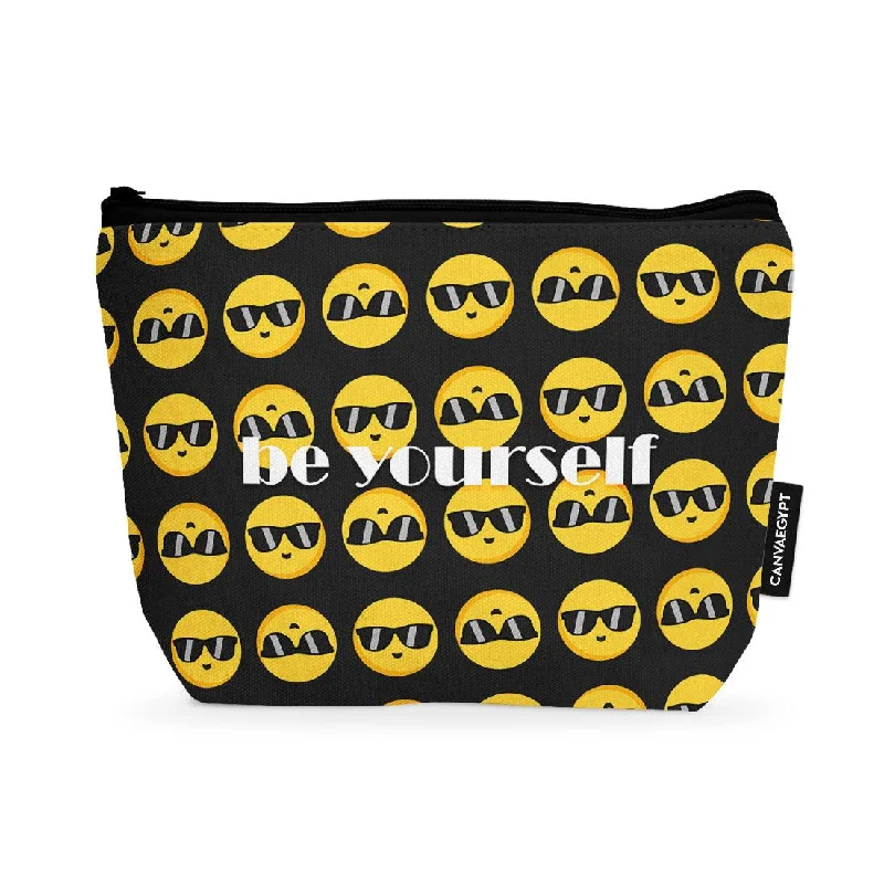 Convertible makeup bag that can be hung on a hook or laid flatMakeup Pouch Happy Cool Emoji