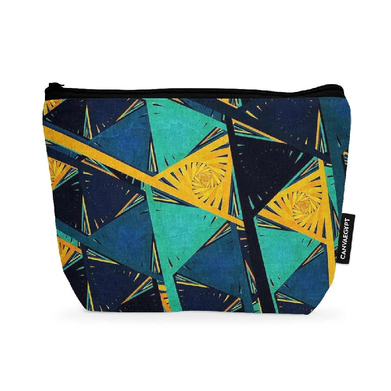 Women's leather makeup bag with a hand-stitched border and gold zippersMakeup Pouch Triangles pat