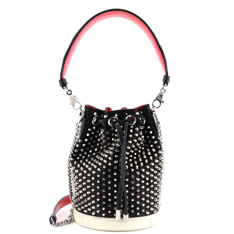 Bucket bag with multiple compartments and pockets for organizationMarie Jane Bucket Bag Studded Satin and Leather