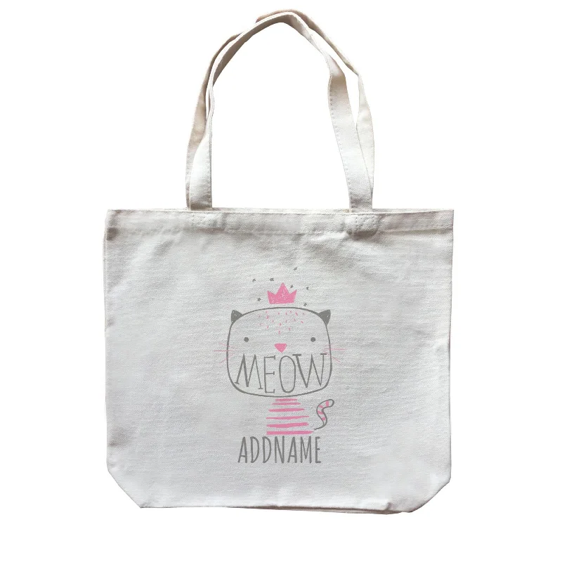 Women's canvas tote bag with a large floral print and leather handlesMeow Cat Princess Addname Canvas Bag