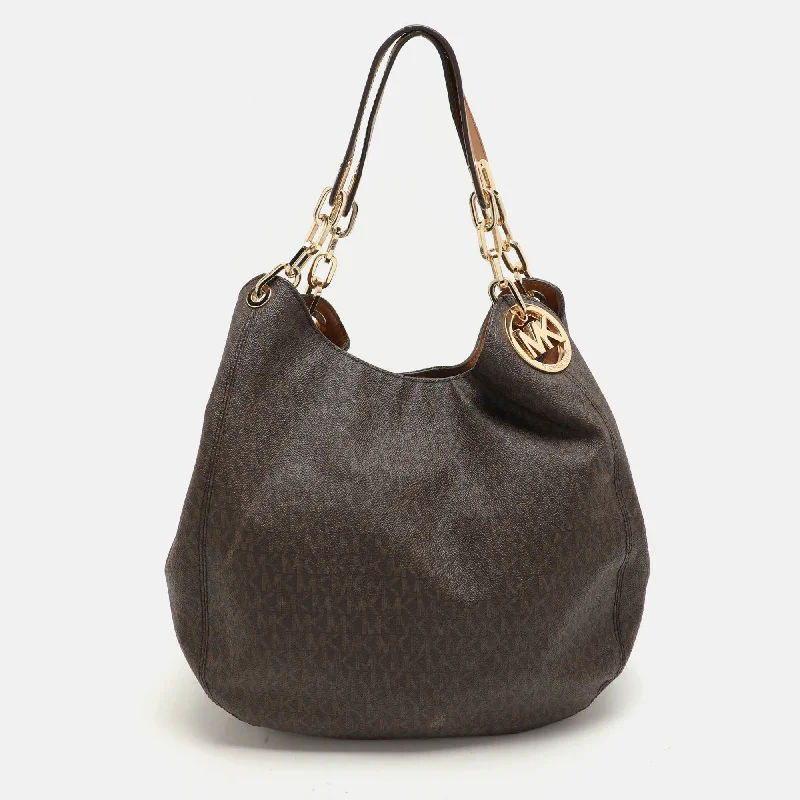 Soft suede hobo bag in a warm earth - tone color for autumnMichael Kors Dark Brown Signature Coated Canvas And Leather Fulton Hobo