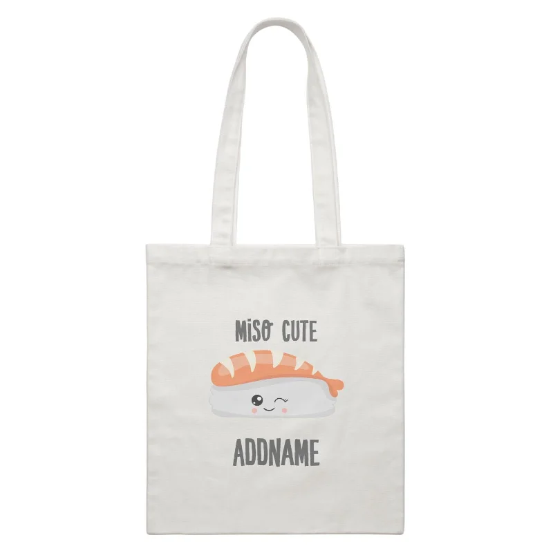 Canvas beach bag with a colorful stripe design and a waterproof liningMiso Cute Salmon Sushi Addname White Canvas Bag