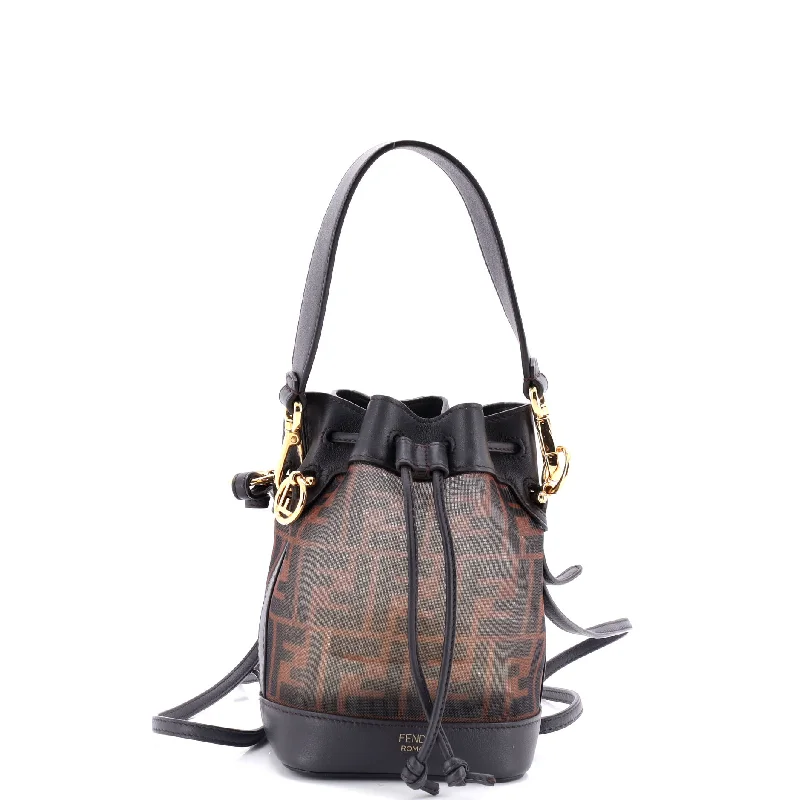 Vintage - style bucket bag with a brass clasp and leather strapsMon Tresor Bucket Bag Zucca Mesh with Leather Mini