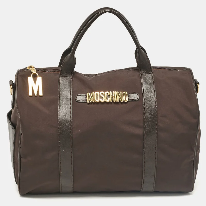 Vegan leather hobo bag for eco - conscious consumersMoschino Dark Brown Nylon Logo Boston Bag