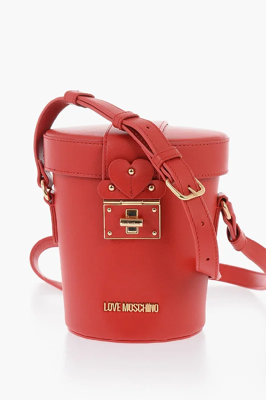 Bucket bag with a hidden anti - theft pocket for securityMoschino Love Leather Bucket Bag With Turn Lock Closure