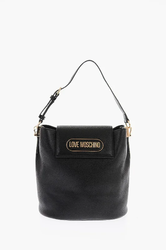 Laser - cut leather bucket bag with an intricate patternMoschino Love Textured Faux Leather Bucket Bag With Embossed Logo